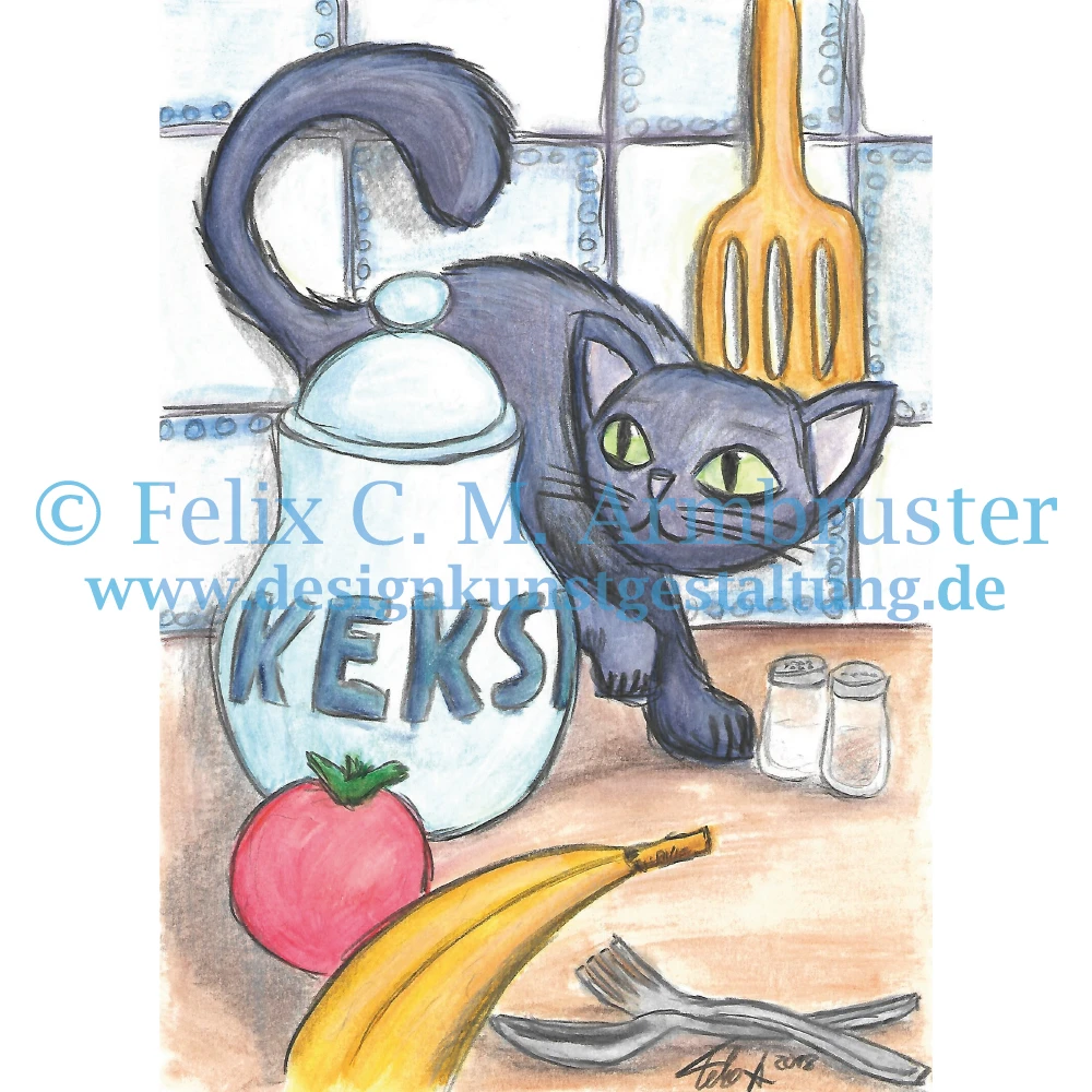Buch-Illustration mit Aquarellfarbstiften - Katze sucht was zum Naschen